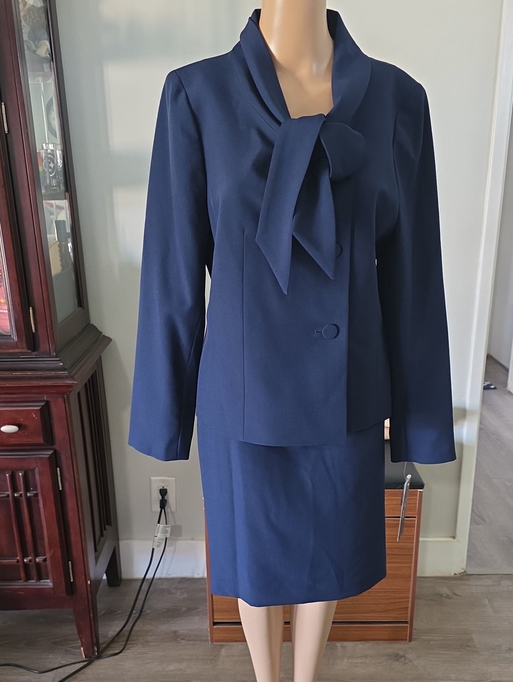 Le Suit Navy Bow-Front Skirt Suit